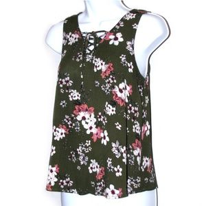 Hippie Rose Jrs Sm Lace Up Olive Floral Tank Top